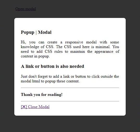 Responsive Modal or Popup - only CSS and Animation