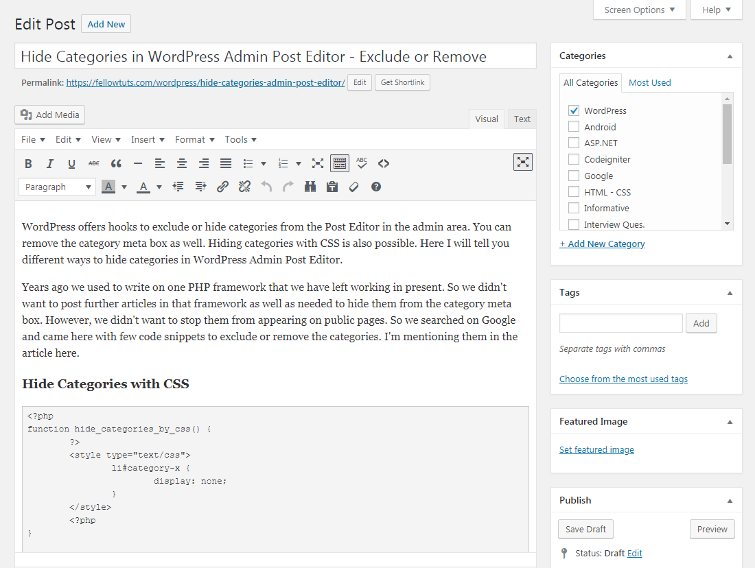 Hide Categories in WordPress Admin Post Editor