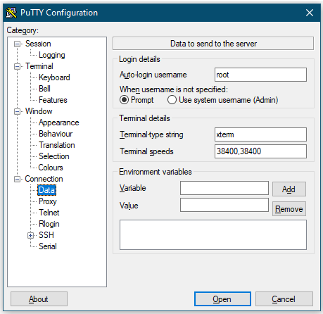 PuTTY Auto Login root Username